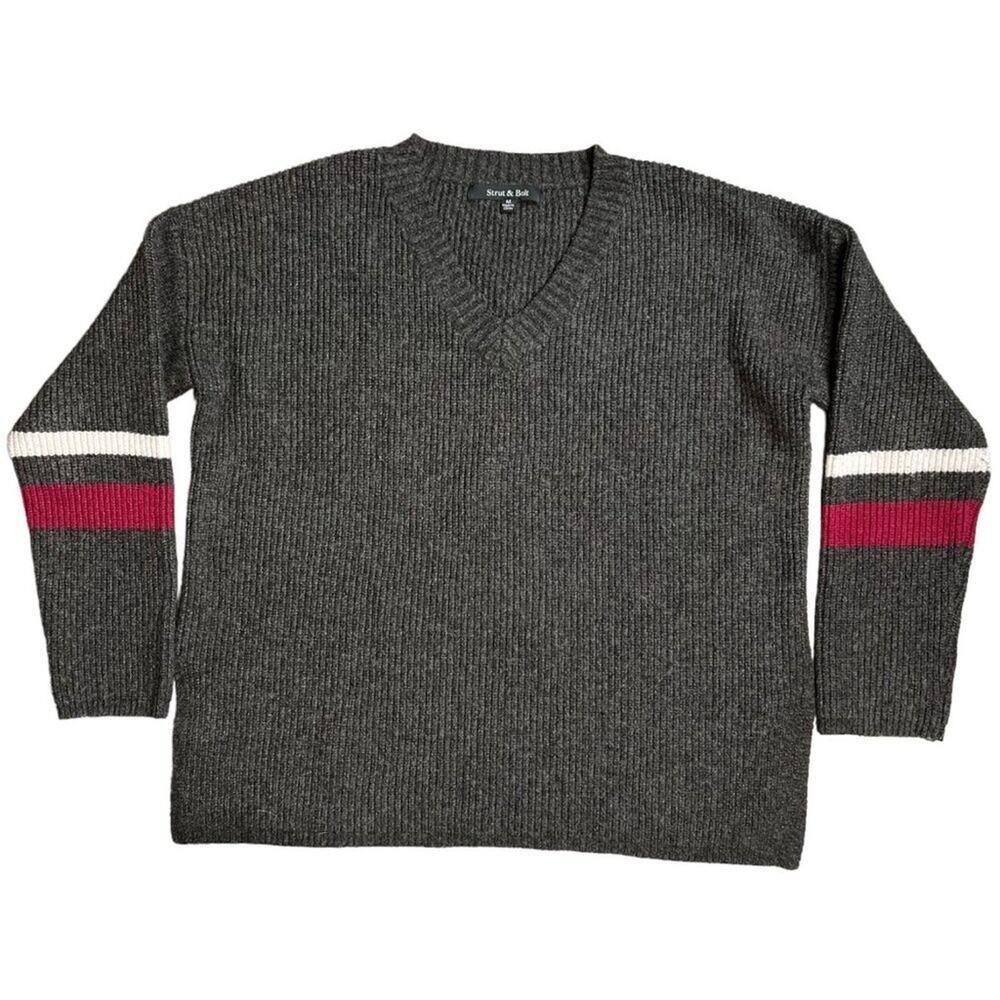 Strut & Bolt Gray V-Neck Sleeve Stripe Sweater Size Medium - Picture 3 of 6